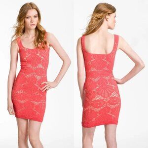 Free People‎ Stretch Lace Pink Tank Dress Bodycon Size Medium / Large Coral Boho